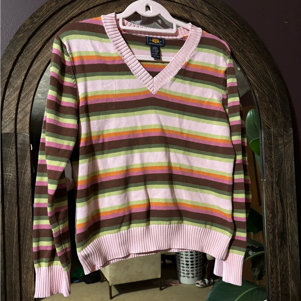 Route 66 Pink and Green Striped V-Neck Sweater